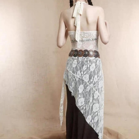 Slim Halter Strap Asymmetrical Hem Stretch Midi Lace Top - Picture 6 of 9